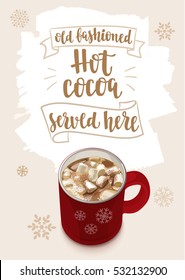 Winter Warming beverage quote. Modern calligraphy style handwritten lettering with cup and decorative elements. Vector illustration for cards, leaflets or banners on cozy light background.