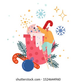 Winter Warming Marshmello Hot Chocolate or Cocoa. Man Character Celebrating Merry Christmas and Having  Drinks, Beverage or 2020 New Year Cafe Hygge Card, Print, Poster. Vector Illustration