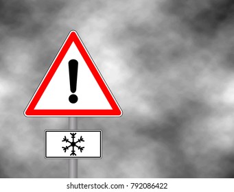Winter warning sign shows danger of ice and snow at street, highway or road. Snow warning sign (Risk of Ice warning sign) isolated on a grey sky. Vector illustration. 