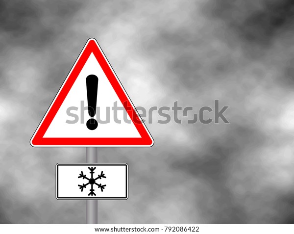 Winter warning sign shows\
danger of ice and snow at street, highway or road. Snow warning\
sign (Risk of Ice warning sign) isolated on a grey sky. Vector\
illustration. 