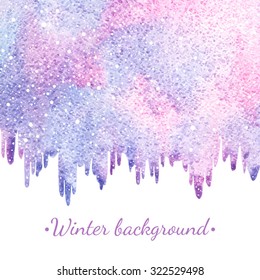 Winter watercolor abstract background with falling snow splash texture. Icicles edge. Christmas, New Year hand drawn template. Shades of blue and pink watercolour stains. Snowflakes are removable.