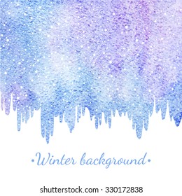 Winter watercolor abstract background with falling snow splash texture. Icicles edge. Christmas, New Year hand drawn template. Shades of blue and violet watercolour stains. Snowflakes are removable.