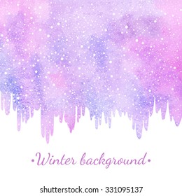 Winter watercolor abstract border, background with falling snow, snowflakes dot texture. Icicles uneven edge. Christmas, New Year hand drawn vector template. Pastel violet and pink watercolour stains.