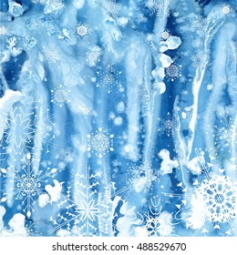 winter watercolor background with snowflakes. abstract winter background