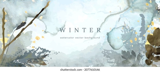 Winter watercolor background. Vector hand drawing texture botanical leaves, flowers. Holiday abstract art design for winter season. Modern card, cover for wedding, invite. Christmas arts decoration.