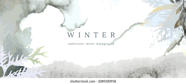 Winter watercolor background. Vector hand drawing texture botanical leaves, flowers. Holiday abstract art design for winter season. Modern card, cover for wedding, invite. Christmas arts decoration.