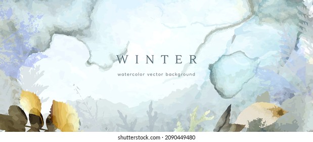 Fondo de acuarela de invierno. Textura de dibujo de la mano del vector hojas botánicas, flores. Diseño artístico abstracto de vacaciones en invierno. Tarjeta moderna, cubierta para la boda, invitación. Decoración de arte navideño.