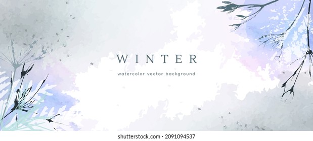 Winter watercolor background. Vector hand drawing texture botanical leaves, flowers. Holiday abstract art design for winter season. Modern card, cover for wedding, invite. Christmas arts decoration.