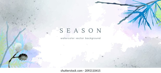 Winter watercolor background. Vector hand drawing texture botanical leaves, flowers. Holiday abstract art design for winter season. Modern card, cover for wedding, invite. Christmas arts decoration.