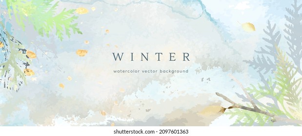Winter watercolor background. Vector hand drawing texture botanical leaves, flowers. Holiday abstract art design for winter season. Modern card, cover for wedding, invite. Christmas arts decoration.