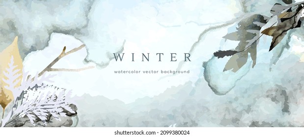 Winter watercolor background. Vector hand drawing texture botanical leaves, flowers. Holiday abstract art design for winter season. Modern card, cover for wedding, invite. Christmas arts decoration.