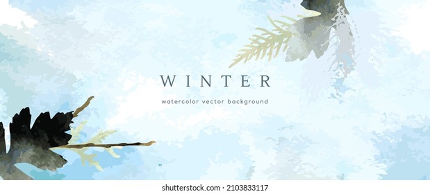 Winter watercolor background. Vector hand drawing texture botanical leaves, flowers. Holiday abstract art design for winter season. Modern card, cover for wedding, invite. Christmas arts decoration.