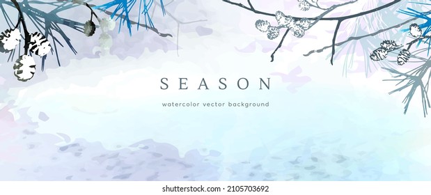 Fondo de acuarela de invierno. Textura de dibujo de la mano del vector hojas botánicas, flores. Diseño artístico abstracto de vacaciones en invierno. Tarjeta moderna, cubierta para la boda, invitación. Decoración de arte navideño.