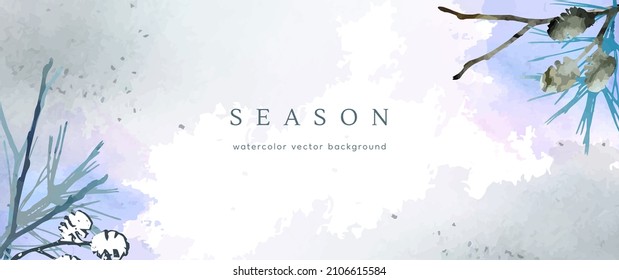 Winter watercolor background. Vector hand drawing texture botanical leaves, flowers. Holiday abstract art design for winter season. Modern card, cover for wedding, invite. Christmas arts decoration.