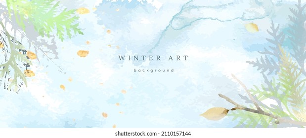 Winter watercolor background. Vector hand drawing texture botanical leaves, flowers. Holiday abstract art design for winter season. Modern card, cover for wedding, invite. Christmas arts decoration.