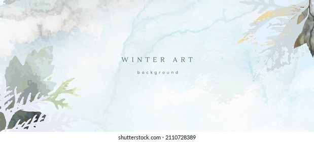 Winter watercolor background. Vector hand drawing texture botanical leaves, flowers. Holiday abstract art design for winter season. Modern card, cover for wedding, invite. Christmas arts decoration.