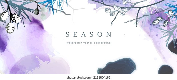 Winter watercolor background. Vector hand drawing texture botanical leaves, flowers. Holiday abstract art design for winter season. Modern card, cover for wedding, invite. Christmas arts decoration.