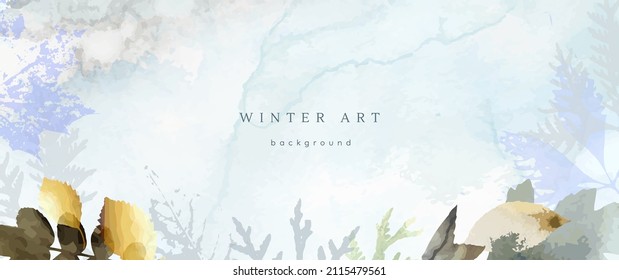 Winter watercolor background. Vector hand drawing texture botanical leaves, flowers. Holiday abstract art design for winter season. Modern card, cover for wedding, invite. Christmas arts decoration.