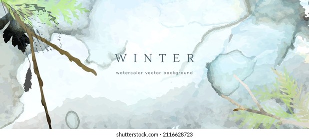 Winter watercolor background. Vector hand drawing texture botanical leaves, flowers. Holiday abstract art design for winter season. Modern card, cover for wedding, invite. Christmas arts decoration.