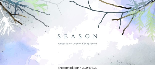 Winter watercolor background. Vector hand drawing texture botanical leaves, flowers. Holiday abstract art design for winter season. Modern card, cover for wedding, invite. Christmas arts decoration.