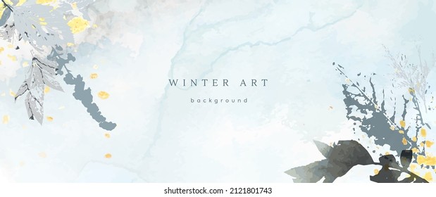 Winter watercolor background. Vector hand drawing texture botanical leaves, flowers. Holiday abstract art design for winter season. Modern card, cover for wedding, invite. Christmas arts decoration.
