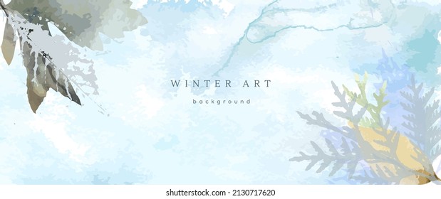 Winter watercolor background. Vector hand drawing texture botanical leaves, flowers. Holiday abstract art design for winter season. Modern card, cover for wedding, invite. Christmas arts decoration.