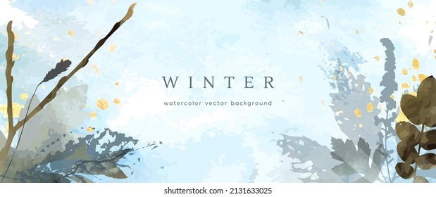Winter watercolor background. Vector hand drawing texture botanical leaves, flowers. Holiday abstract art design for winter season. Modern card, cover for wedding, invite. Christmas arts decoration.