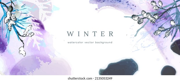 Winter watercolor background. Vector hand drawing texture botanical leaves, flowers. Holiday abstract art design for winter season. Modern card, cover for wedding, invite. Christmas arts decoration.