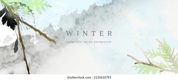 Winter watercolor background. Vector hand drawing texture botanical leaves, flowers. Holiday abstract art design for winter season. Modern card, cover for wedding, invite. Christmas arts decoration.