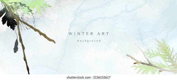 Winter watercolor background. Vector hand drawing texture botanical leaves, flowers. Holiday abstract art design for winter season. Modern card, cover for wedding, invite. Christmas arts decoration.