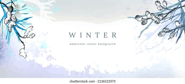 Winter watercolor background. Vector hand drawing texture botanical leaves, flowers. Holiday abstract art design for winter season. Modern card, cover for wedding, invite. Christmas arts decoration.