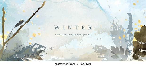 Winter watercolor background. Vector hand drawing texture botanical leaves, flowers. Holiday abstract art design for winter season. Modern card, cover for wedding, invite. Christmas arts decoration.