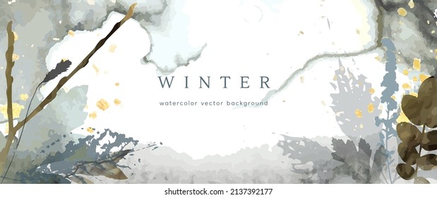 Fondo de acuarela de invierno. Textura de dibujo de la mano del vector hojas botánicas, flores. Diseño artístico abstracto de vacaciones en invierno. Tarjeta moderna, cubierta para la boda, invitación. Decoración de arte navideño.