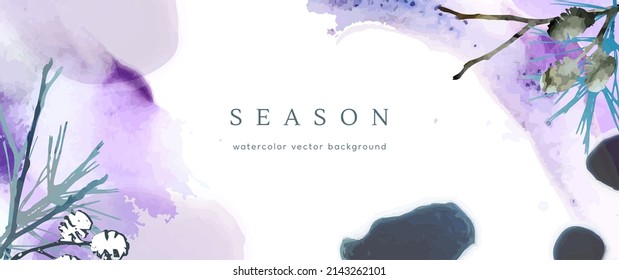 Winter watercolor background. Vector hand drawing texture botanical leaves, flowers. Holiday abstract art design for winter season. Modern card, cover for wedding, invite. Christmas arts decoration.