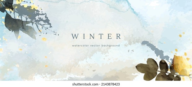 Winter watercolor background. Vector hand drawing texture botanical leaves, flowers. Holiday abstract art design for winter season. Modern card, cover for wedding, invite. Christmas arts decoration.