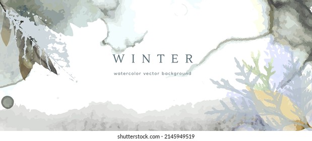 Winter watercolor background. Vector hand drawing texture botanical leaves, flowers. Holiday abstract art design for winter season. Modern card, cover for wedding, invite. Christmas arts decoration.