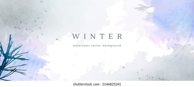 Winter watercolor background. Vector hand drawing texture botanical leaves, flowers. Holiday abstract art design for winter season. Modern card, cover for wedding, invite. Christmas arts decoration.