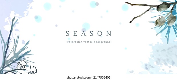 Winter watercolor background. Vector hand drawing texture botanical leaves, flowers. Holiday abstract art design for winter season. Modern card, cover for wedding, invite. Christmas arts decoration.