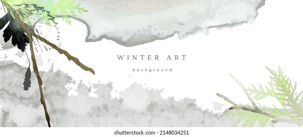 Winter watercolor background. Vector hand drawing texture botanical leaves, flowers. Holiday abstract art design for winter season. Modern card, cover for wedding, invite. Christmas arts decoration.