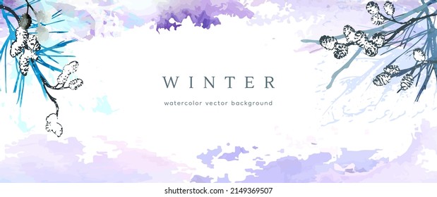 Winter watercolor background. Vector hand drawing texture botanical leaves, flowers. Holiday abstract art design for winter season. Modern card, cover for wedding, invite. Christmas arts decoration.