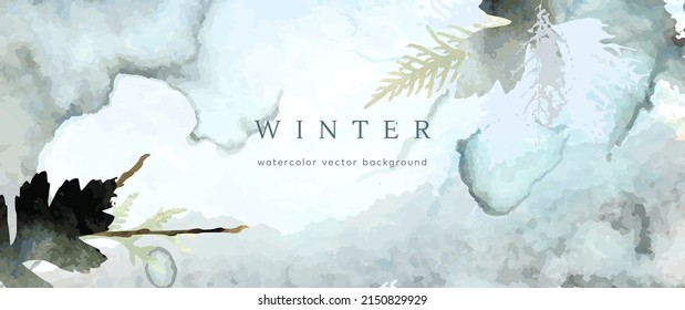 Winter watercolor background. Vector hand drawing texture botanical leaves, flowers. Holiday abstract art design for winter season. Modern card, cover for wedding, invite. Christmas arts decoration.