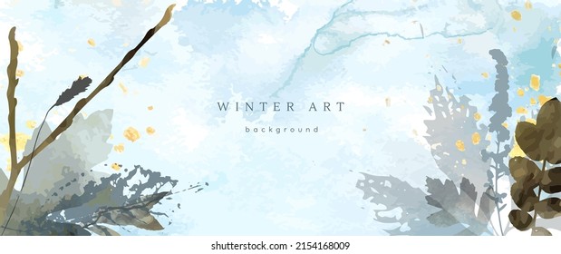 Winter watercolor background. Vector hand drawing texture botanical leaves, flowers. Holiday abstract art design for winter season. Modern card, cover for wedding, invite. Christmas arts decoration.