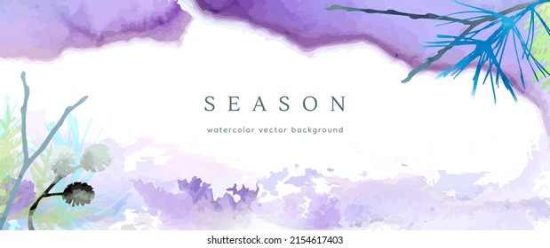 Fondo de acuarela de invierno. Textura de dibujo de la mano del vector hojas botánicas, flores. Diseño artístico abstracto de vacaciones en invierno. Tarjeta moderna, cubierta para la boda, invitación. Decoración de arte navideño.