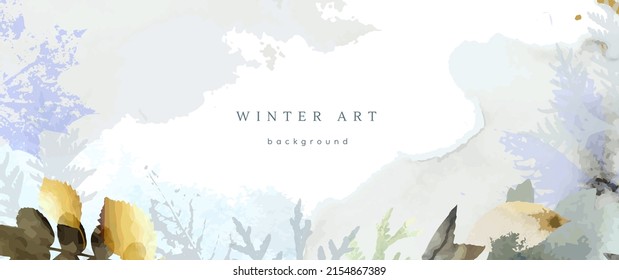 Winter watercolor background. Vector hand drawing texture botanical leaves, flowers. Holiday abstract art design for winter season. Modern card, cover for wedding, invite. Christmas arts decoration.