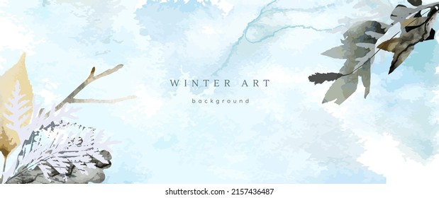 Winter watercolor background. Vector hand drawing texture botanical leaves, flowers. Holiday abstract art design for winter season. Modern card, cover for wedding, invite. Christmas arts decoration.