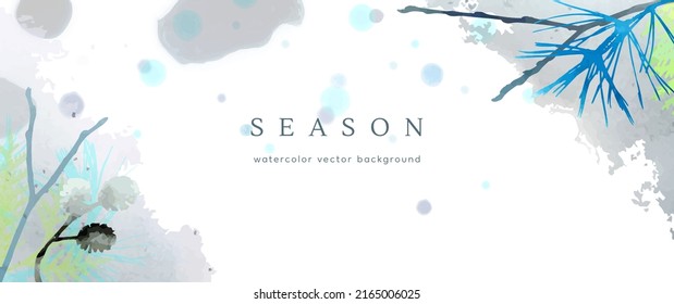 Fondo de acuarela de invierno. Textura de dibujo de la mano del vector hojas botánicas, flores. Diseño artístico abstracto de vacaciones en invierno. Tarjeta moderna, cubierta para la boda, invitación. Decoración de arte navideño.