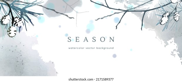 Winter watercolor background. Vector hand drawing texture botanical leaves, flowers. Holiday abstract art design for winter season. Modern card, cover for wedding, invite. Christmas arts decoration.