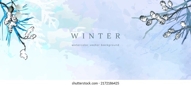Winter watercolor background. Vector hand drawing texture botanical leaves, flowers. Holiday abstract art design for winter season. Modern card, cover for wedding, invite. Christmas arts decoration.