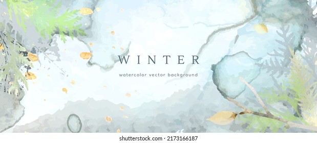 Winter watercolor background. Vector hand drawing texture botanical leaves, flowers. Holiday abstract art design for winter season. Modern card, cover for wedding, invite. Christmas arts decoration.