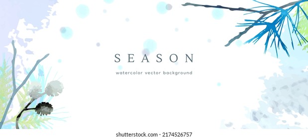 Winter watercolor background. Vector hand drawing texture botanical leaves, flowers. Holiday abstract art design for winter season. Modern card, cover for wedding, invite. Christmas arts decoration.